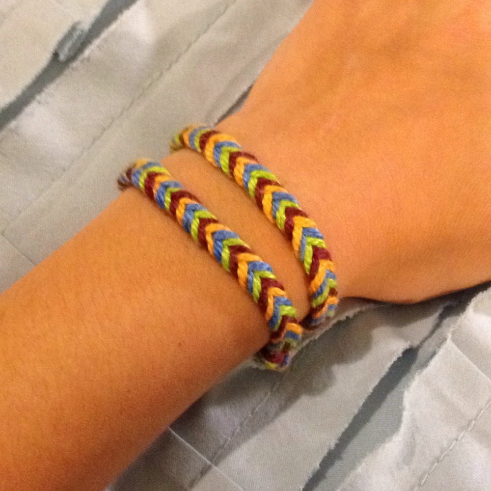 Double Orange, purple, blue, and green bracelet.
